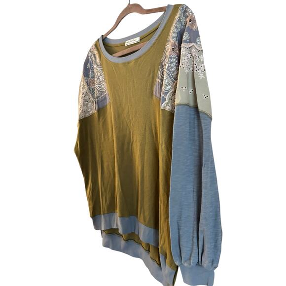 FREE PEOPLE Feelin it Colorblock Army Combo T-Shirt Size Medium Green Lace - Picture 2 of 7